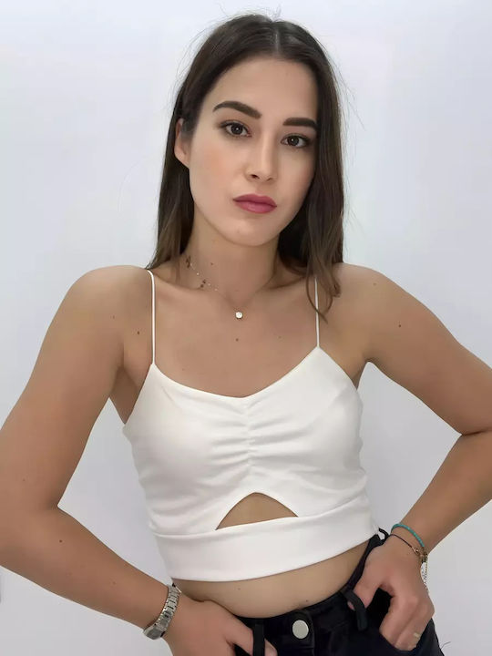Women's Cotton Crop Top with Spaghetti Straps White