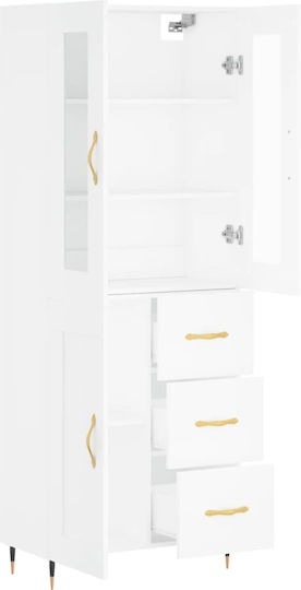 Floor-Standing Living Room Display Cabinet Made of White Particle Board with Glass 69.5x34x180cm