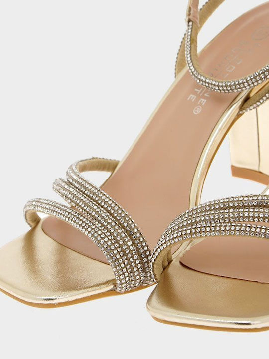 My Choice Synthetic Leather Women's Sandals with Strass & Ankle Strap Gold with Chunky High Heel