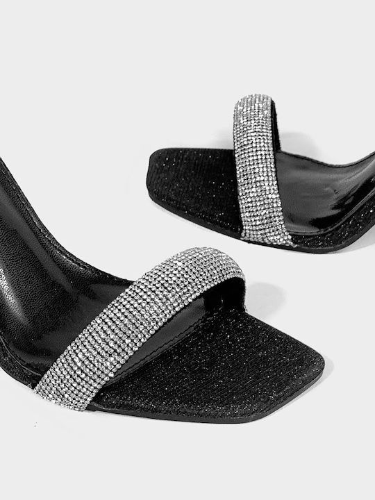 My Choice Suede Women's Sandals with Strass & Ankle Strap Black with High Heel