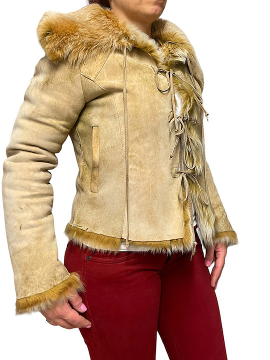 MARKOS LEATHER Women's Mouton Midi Coat with Buttons Beige