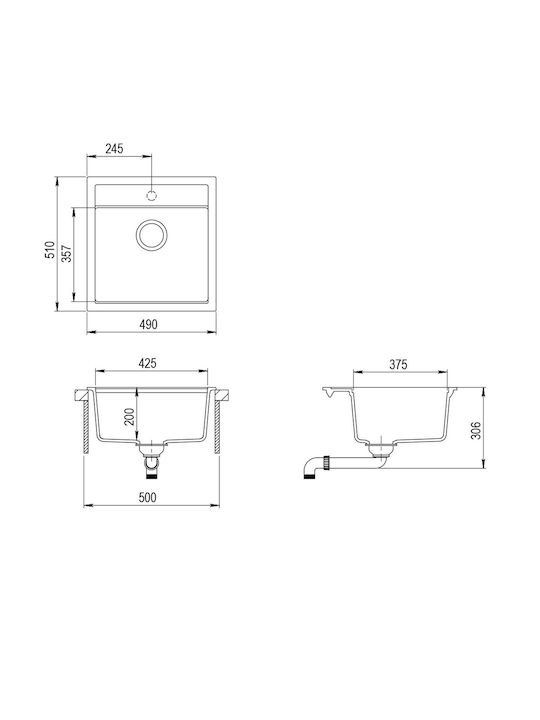 Tesa SQT100 Drop-In Küchenspüle aus Flüssigem Granit M49xB51cm Graue