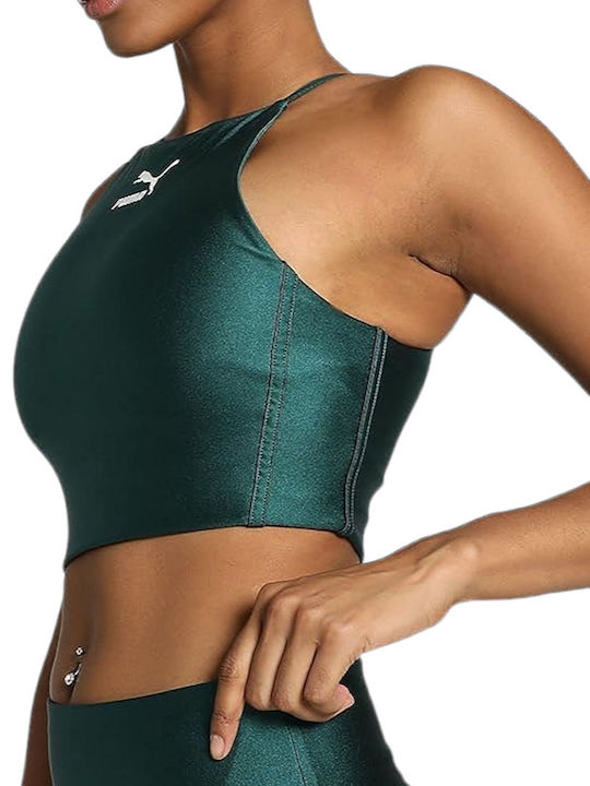 Puma T7 Shiny Top Sport de Damă Crop fără Mâneci Verde