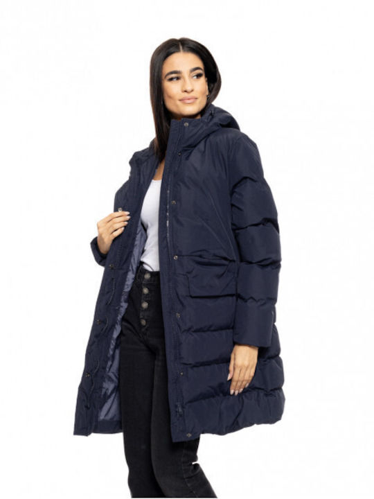 Splendid Women's Long Puffer Jacket for Winter with Hood Navy Blue