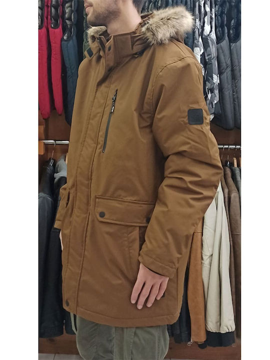 Double Men's Winter Parka Jacket Waterproof Brown