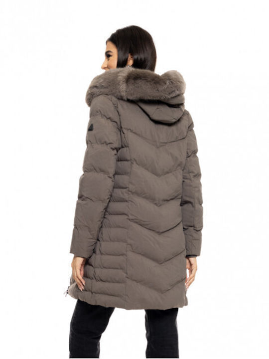 Splendid Women's Long Puffer Jacket for Winter with Hood Gray