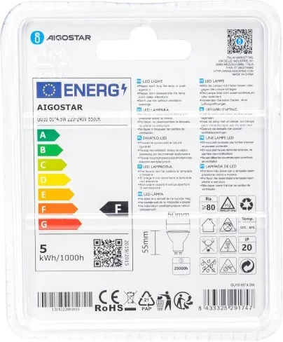 Aigostar Socket LED Bulb 4.9W for Socket GU10 and Shape MR16 Cool White 360lm