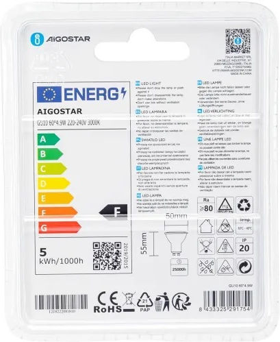 Aigostar Ντουί Λάμπα LED 4.9W για Ντουί GU10 και Σχήμα MR16 Θερμό Λευκό 360lm
