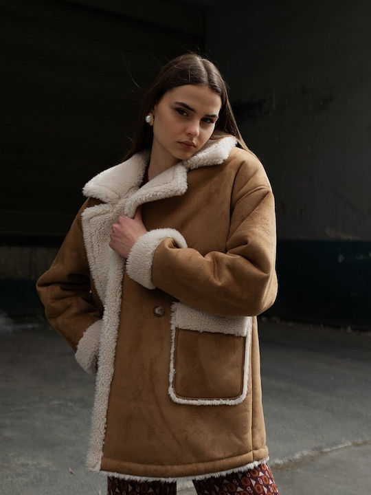 Rose Women's Brown Coat with Buttons