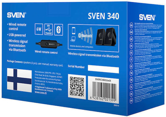 Sven 340 Компютърни тонколони 2.0 с Bluetooth и мощност 6W в Черен цвят