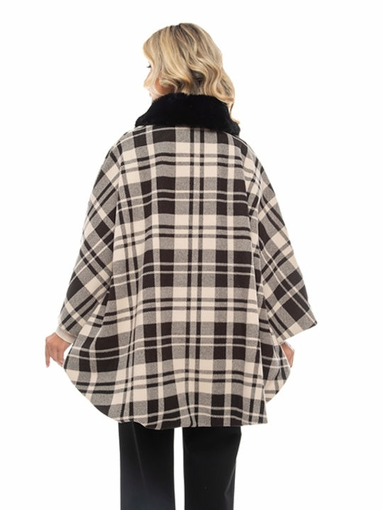 Eleria Cortes Women's Checked Midi Cape with Buttons and Fur Beige
