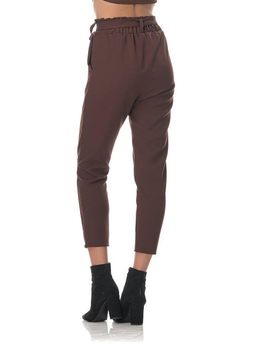 Sushi's Closet Women's High-waisted Fabric Trousers with Elastic in Paperbag Fit Brown