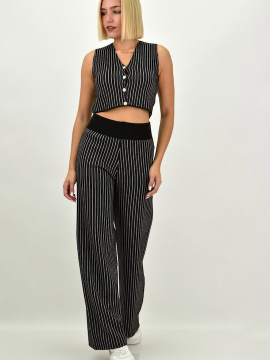 Potre Women's Black Set with Trousers in Straight Line Striped