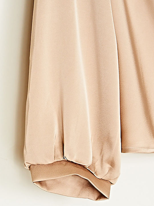 Women's Blouse Satin Long Sleeve Drape Beige