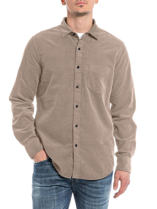 Replay Men's Shirt Long Sleeve Corduroy Beige