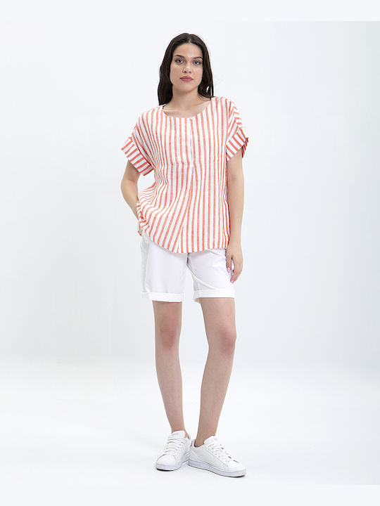 Clarina Women's Summer Blouse Linen Short Sleeve Striped Orange