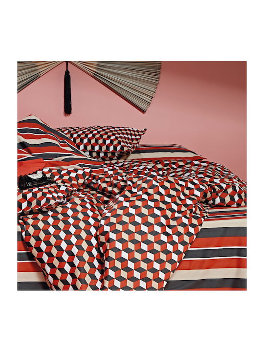 Kentia Set Bettbezug Baumwollsatin Über-Doppelbett mit 2 Kissenbezügen 220x240 Esteban Red-Black-Beige-White