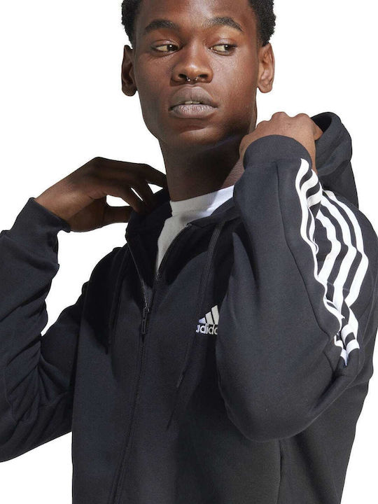 Essentials 3-Stripes Ζακέτα με Κουκούλα Μαύρη