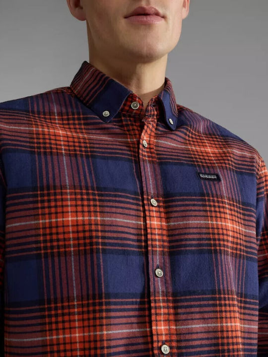 Long-sleeved Cotton Shirt Checked Orange