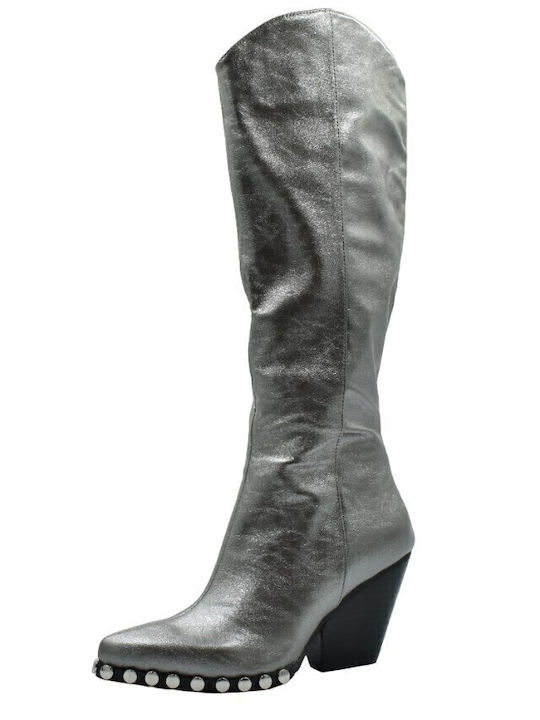 Leder Damenstiefel mit mittlerem Absatz Silber