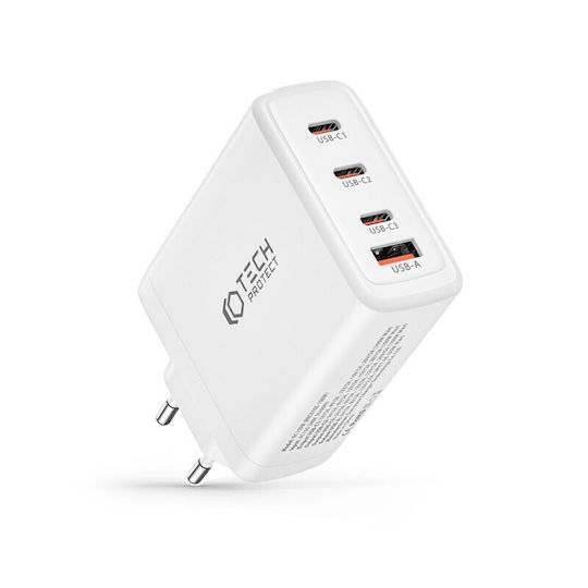 Tech-Protect GaN Kabelloser Handyladegerät mit USB-A Ausgangsanschluss und 3 USB-C Ausgangsanschlüsse 100W Stromlieferung / Schnellaufladung 3.0 Weiß