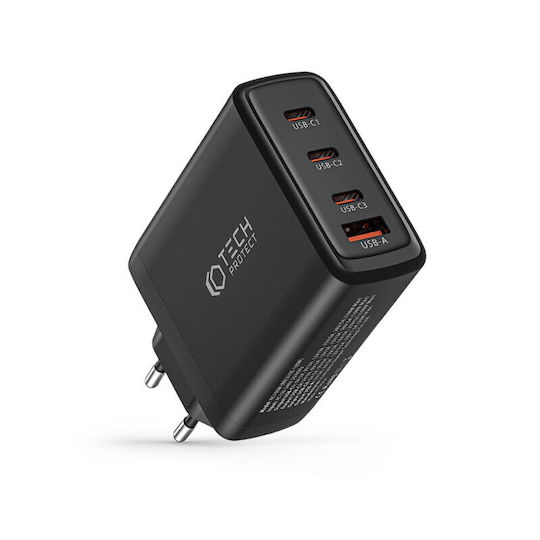 Tech-Protect GaN Kabelloser Handyladegerät mit USB-A Ausgangsanschluss und 3 USB-C Ausgangsanschlüsse 100W Stromlieferung / Schnellaufladung 3.0 Schwarz