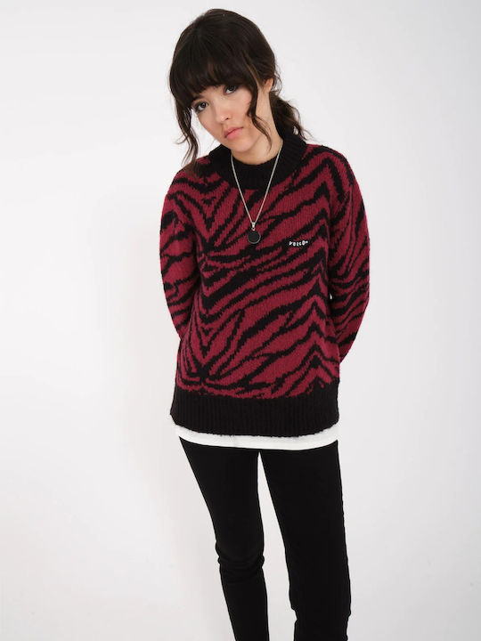 Women's Long Sleeve Sweater Animal Print Burgundy