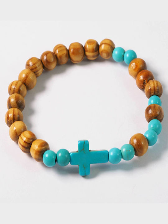 Elastic bracelet with brown wooden beads 8mm and 6mm haolite beads with a cross of haolite 16mm ready 55mm Turquoise