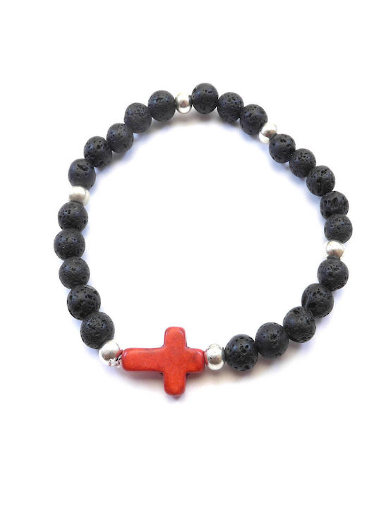 Elastic bracelet with lava beads 6mm and a cross of haolite 16mm ready 53-60mm Red