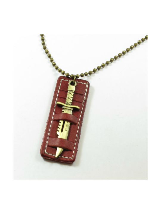 Men's necklace metallic pendant with marble chain and leather Sword brown