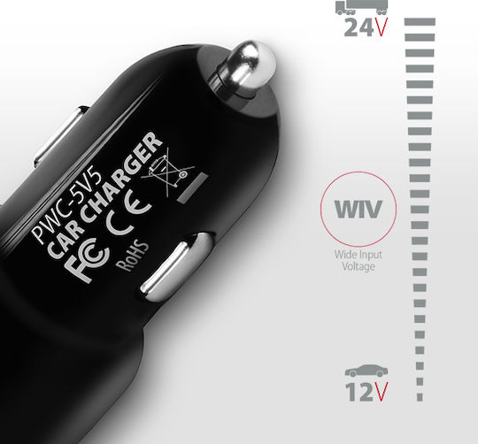 Axagon Auto-Ladegerät 24W 2.4A mit Anschlüssen: 2xUSB Schwarz Farbe