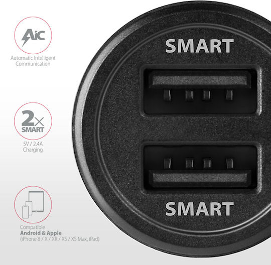 Axagon Auto-Ladegerät 24W 2.4A mit Anschlüssen: 2xUSB Schwarz Farbe