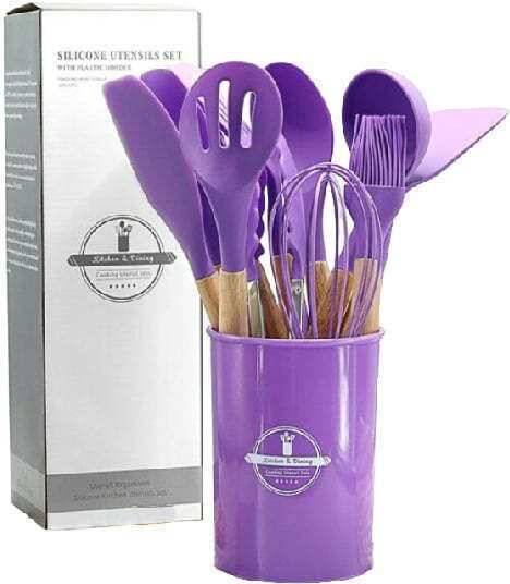 Silicone Cooking Utensil Set with Base Purple 11pcs