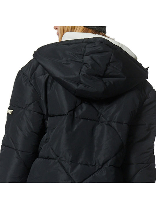 Women's Short Puffer Jacket for Winter with Hood Black
