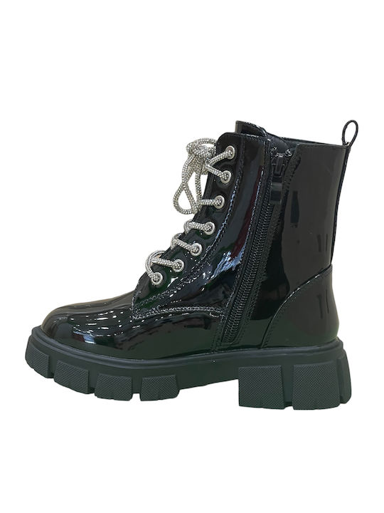 Anatomisch Kinderstiefel aus Lackleder mit Schnürsenkeln Schwarz