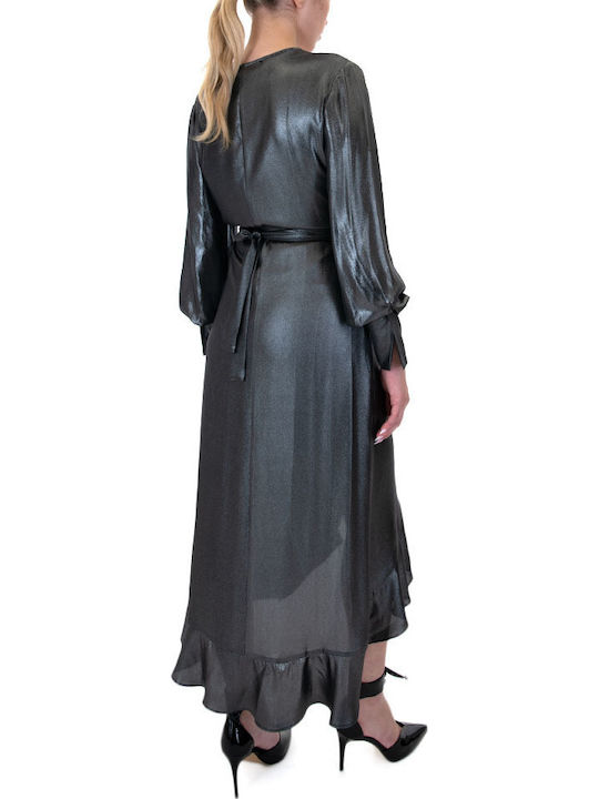 Midi Abendkleid Wickel mit Rüschen Silber