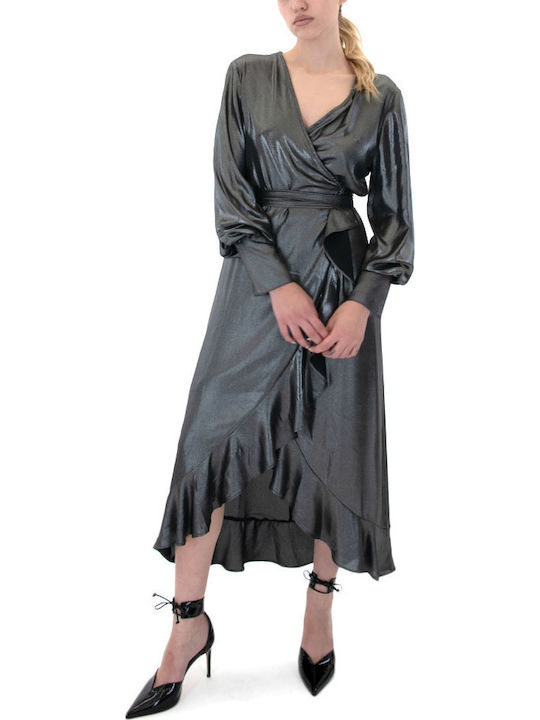 Midi Abendkleid Wickel mit Rüschen Silber