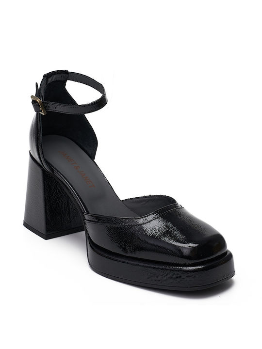 Janet & Janet Leather Black Heels with Strap