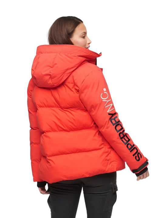 Superdry Women's Short Puffer Jacket for Winter with Hood Red