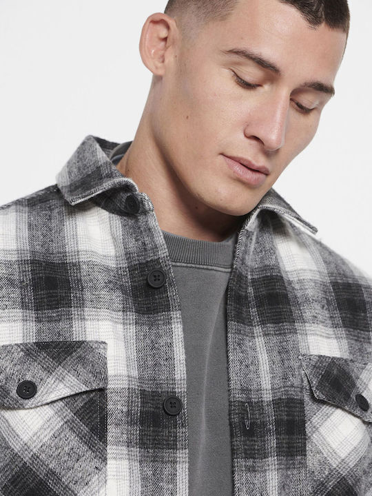 Long Sleeve Flannel Overshirt in Regular Fit Checked Black