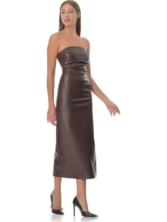 Midi Evening Strapless Leather Dress with Tearing Brown