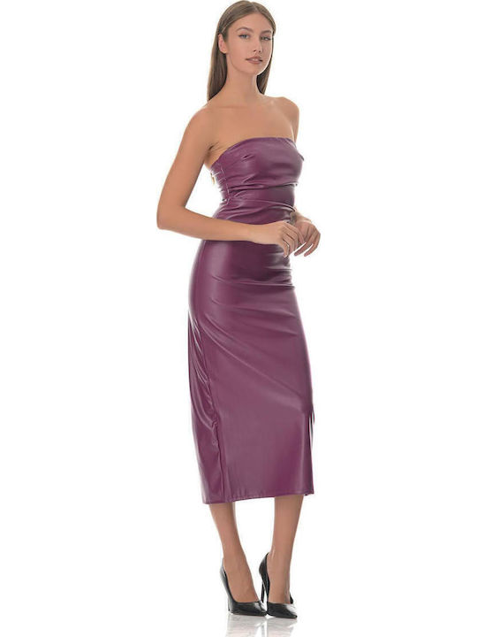 Midi Evening Strapless Leather Dress with Tearing Brown