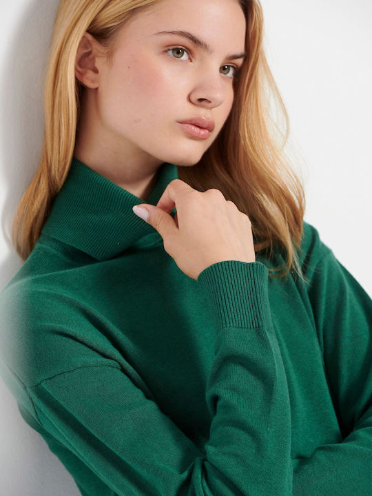 Women's Long Sleeve Sweater Cotton Turtleneck Green
