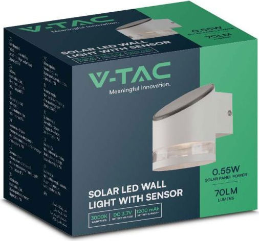 V-TAC Wall Mounted Solar Light 0.55W 70lm Warm White 3000K with Motion Sensor and Photocell IP44