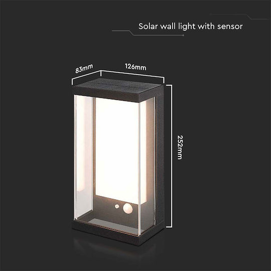 V-TAC Wall Mounted Solar Light 1W 95lm Warm White 3000K with Motion Sensor IP54 12.6cmx8.3cmx25.2cmcm