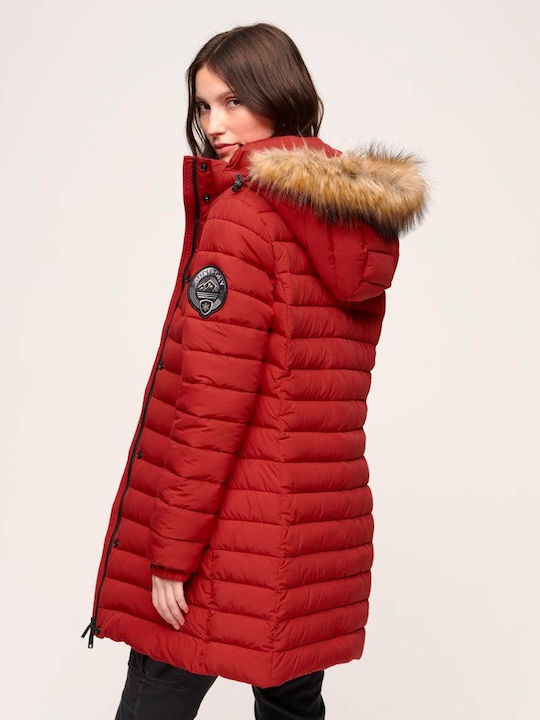 Superdry Ovin Fuji Women's Long Puffer Jacket for Winter with Hood Red