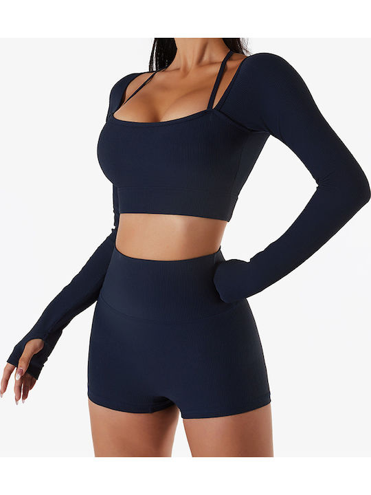 Amouna Γυναικείο Αθλητικό Crop Top Μακρυμάνικο Navy Μπλε