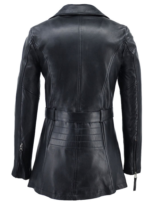 Δερμάτινα 100 Women's Long Lifestyle Leather Jacket for Winter Black