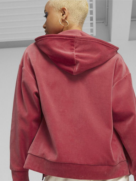 Elevated Women's Sweatshirt Jacket Velvet Hooded Red