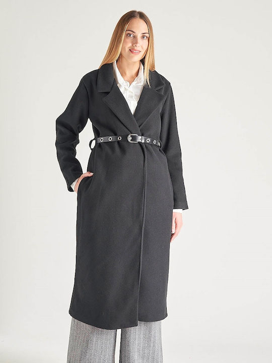 InShoes Women's Long Coat with Belt Black